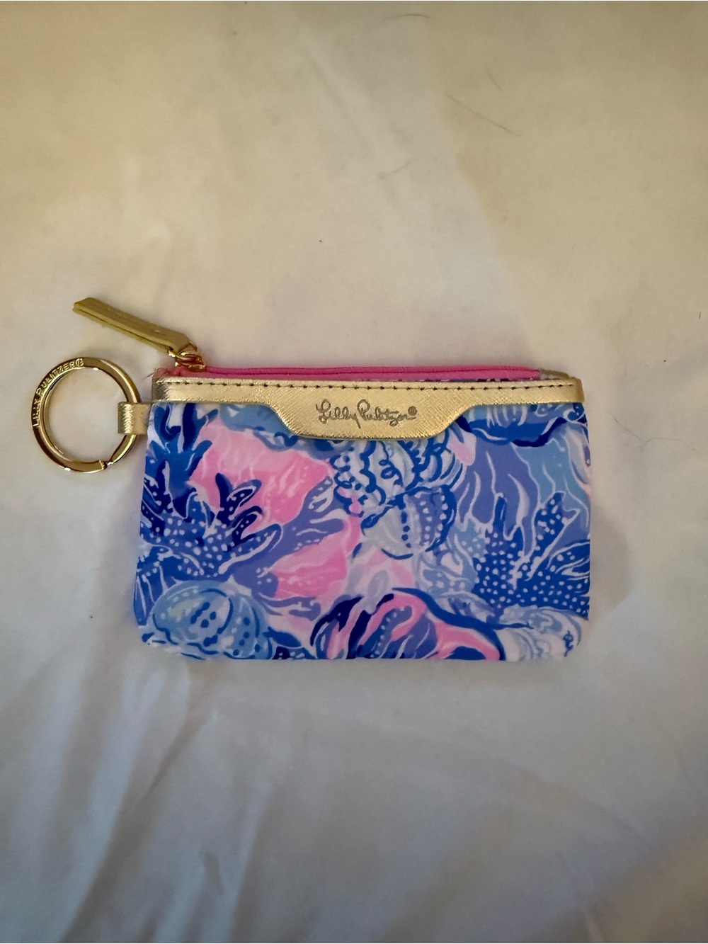 Lilly Pulitzer Blue & Pink Printed Key Pouch ID holder with Gold Trim